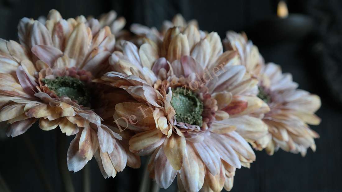 Drie gerbera kunstbloemen in perzikkleur met groene kernen; niet-bloeiende namaakplanten
