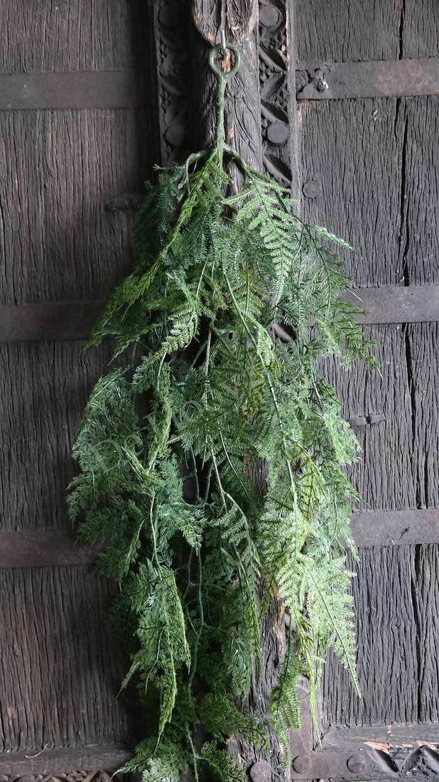 Hanger met groene namaak asparagustakken; decoratieve takken aan touw tegen houten muur