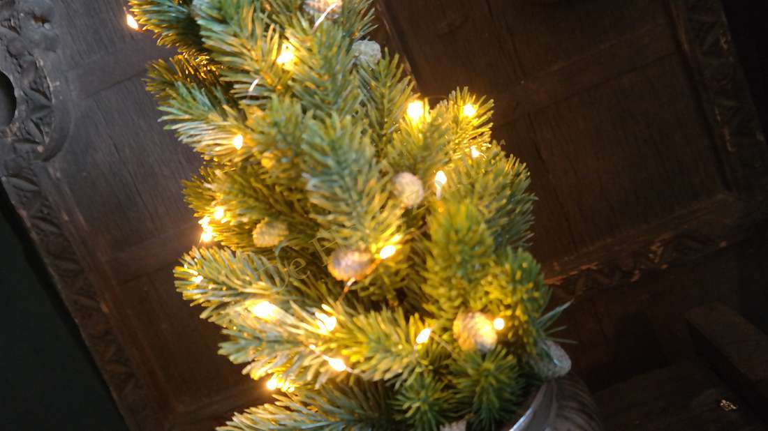 Koperdraad LED verlichting, De Hooyzolder, 2 m, warmwitte lampjes rondom een kleine kerstboom