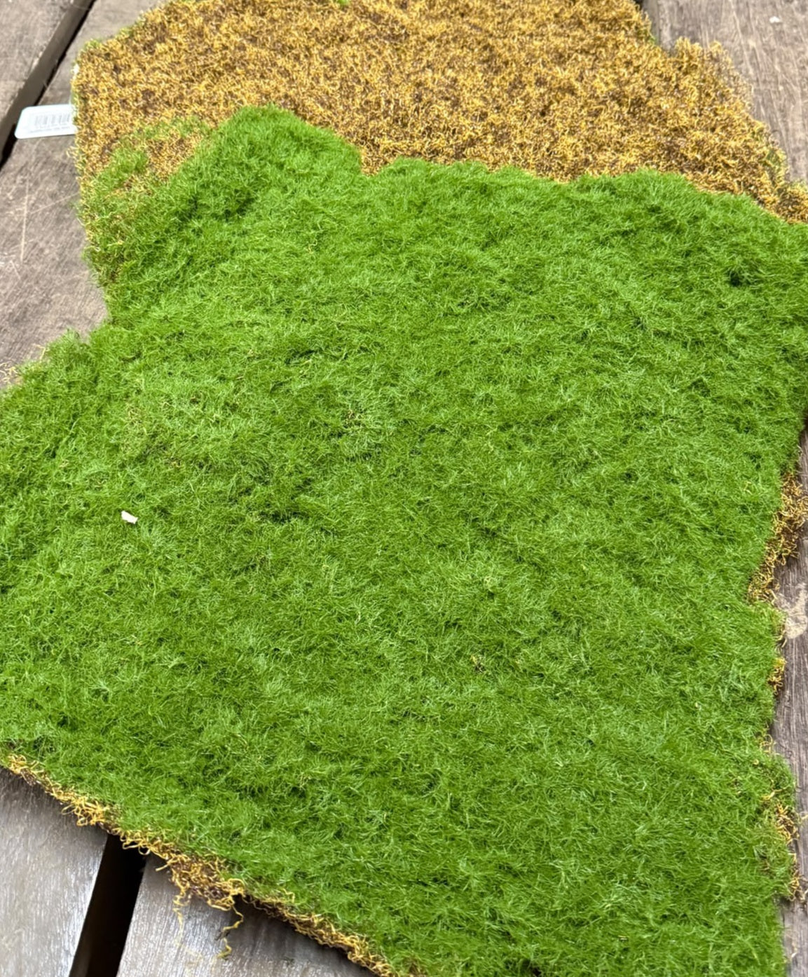 Mosmat namaak, groen kunstmos met bruine rand, 50x50 cm op houten oppervlak