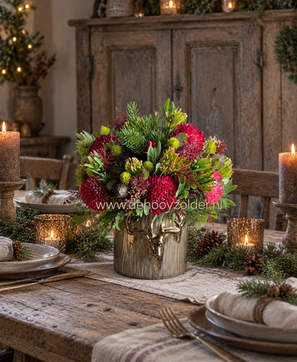 Boeket kunstbloemen Kerst in metalen vaas met hertenkop, rood en groen (De Hooyzolder)