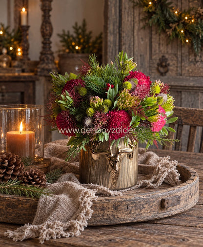 Boeket kunstbloemen kerst in rode en groene tinten in een glanzende gouden vaas van De Hooyzolder op een houten dienblad