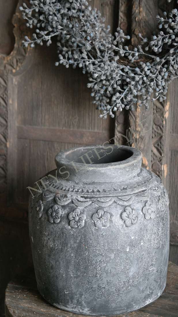 Pot bewerkt met bloemen - antraciet