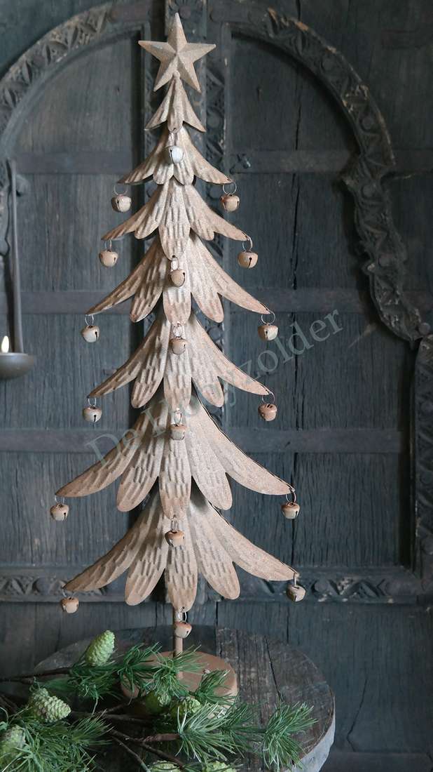 Kerstboom belletjes - M, houten decoratie van De Hooyzolder met stertop en kleine belletjes