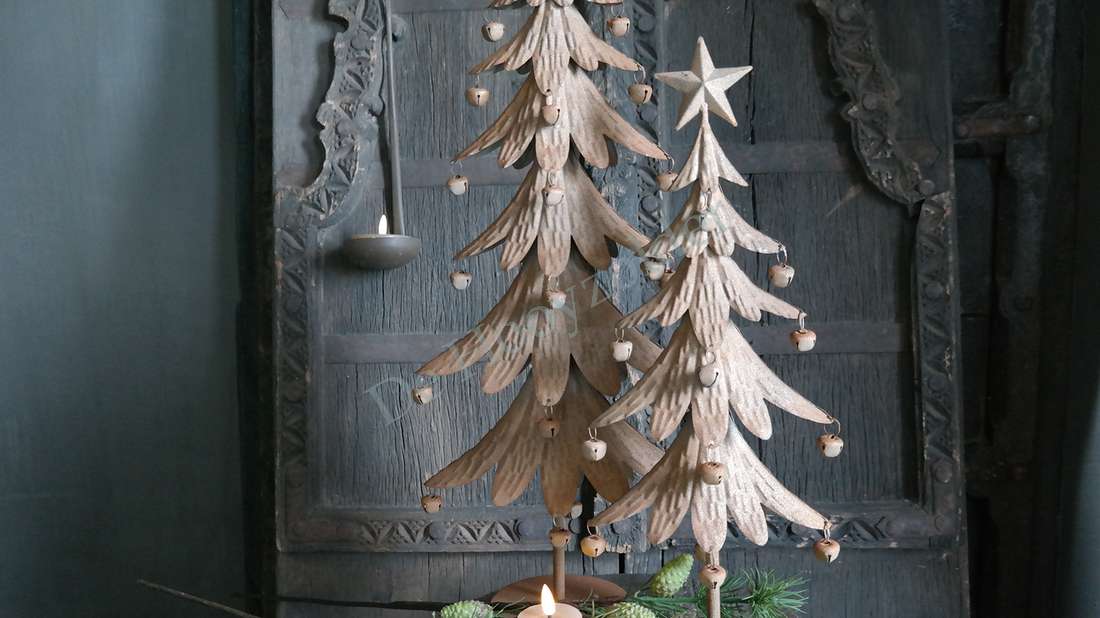 Kerstboom belletjes - M, houten kerstdecoratie met ster en belletjes, De Hooyzolder