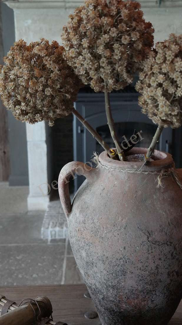 Allium bloem bruin XL, De Hooyzolder, niet-bloeiende kunstplant in grote verouderde aardewerken kruik