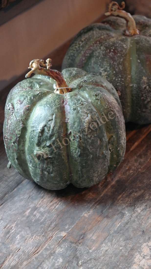 Kalebassen namaak groen, 2 stuks op houten tafel; De Hooyzolder zichtbaar