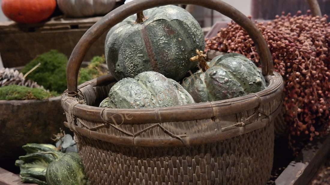 Kalebas groen namaak in rieten mand, meerdere stuks, De Hooyzolder