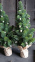 Twee kunstkerstbomen Abies van De Hooyzolder, groen met juteomslag en witte bolletjes