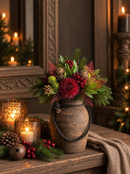 Kerstboeket namaak in rood en groen in keramische vaas met touwhandvat, op houten tafel met kaarsdecor.