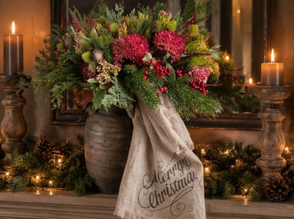 Boeket kant en klaar namaak Kerst L; rood en groen kunstbloemen in vaas met linnen wrap en Merry Christmas doek