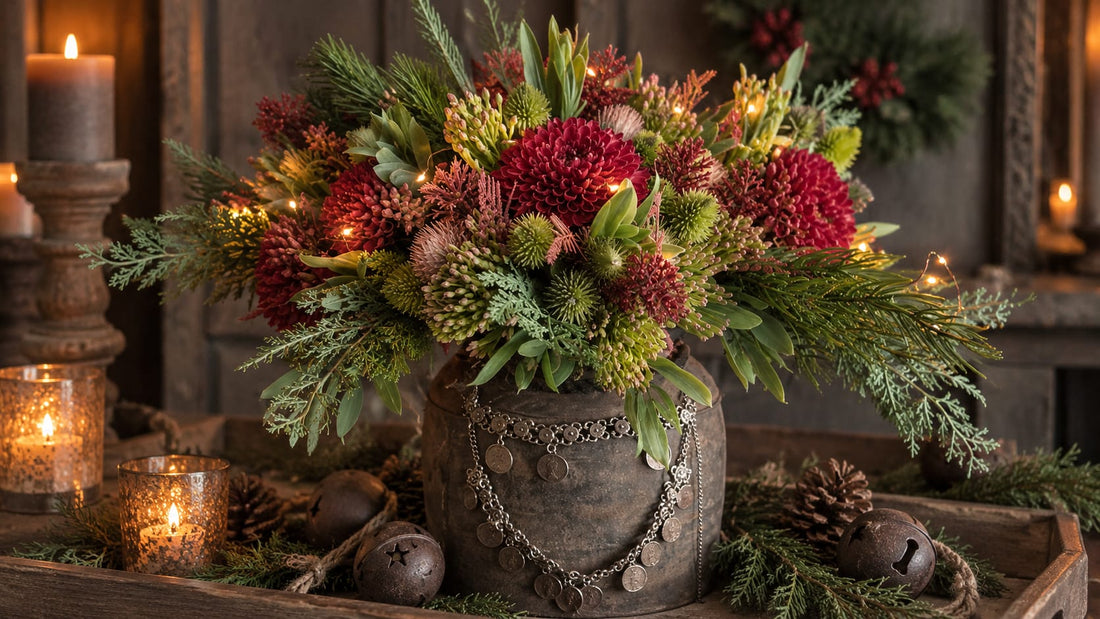 Boeket kant en klaar namaak Kerst L in metalen pot met sierketting en rode en groene kunstbloemen