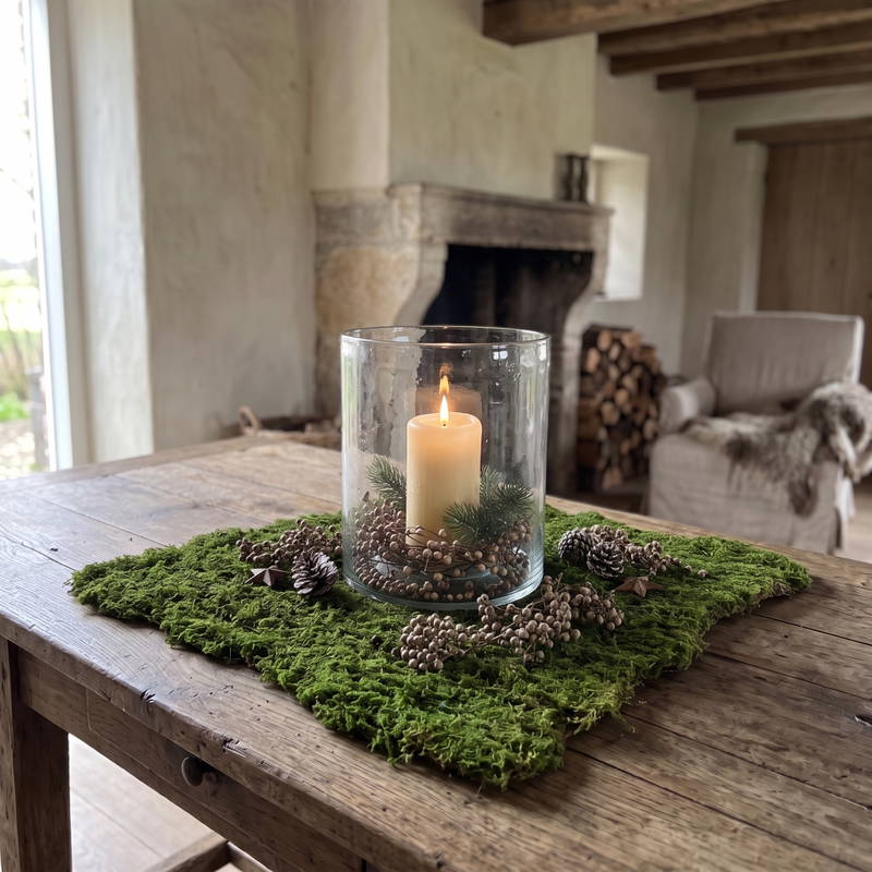 Mosmat namaak 50x50 cm met glazen kandelaar en brandende kaars, groene mosmat met dennenappels op houten tafel
